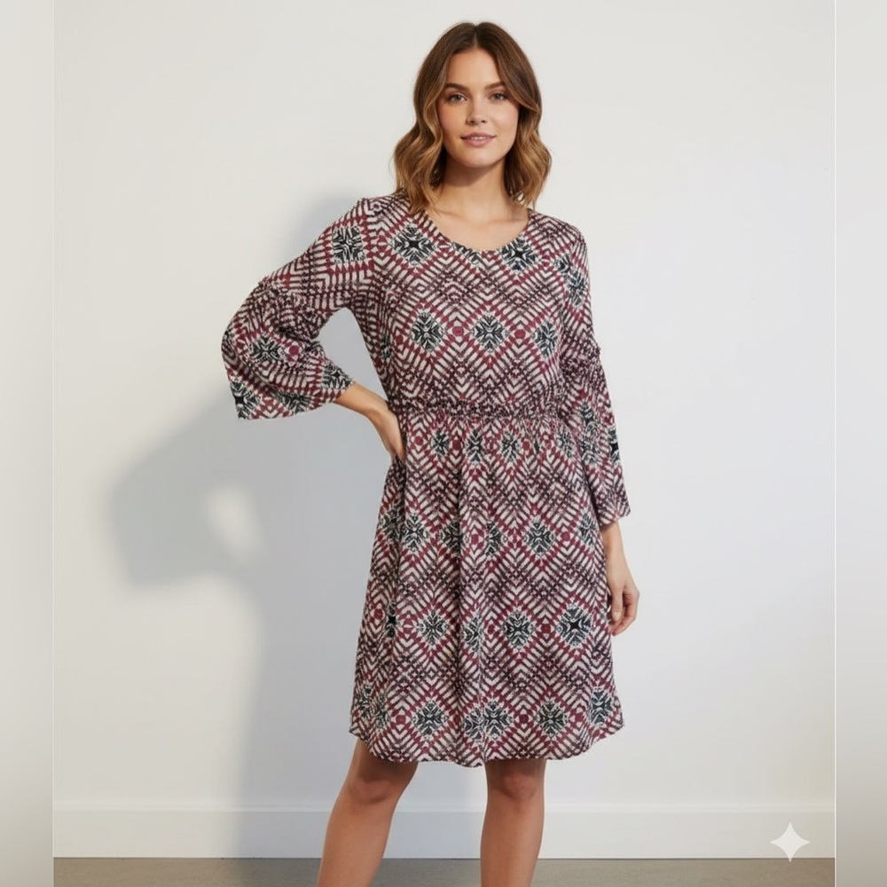 William Rast Red and Black Geometric Long Sleeve Dress